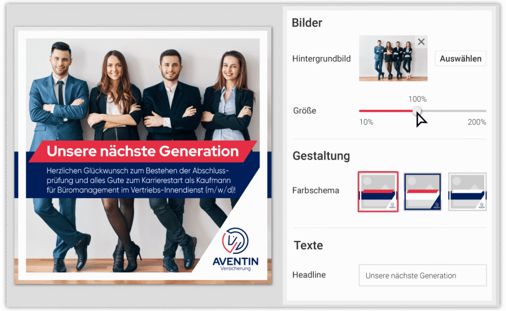 Visualbox-Editor: links eine Social-Media-Grafik, rechts Einstellungen für Hintergrundbild, Bildgröße, vorgegebene Farbschemata und Überschrift