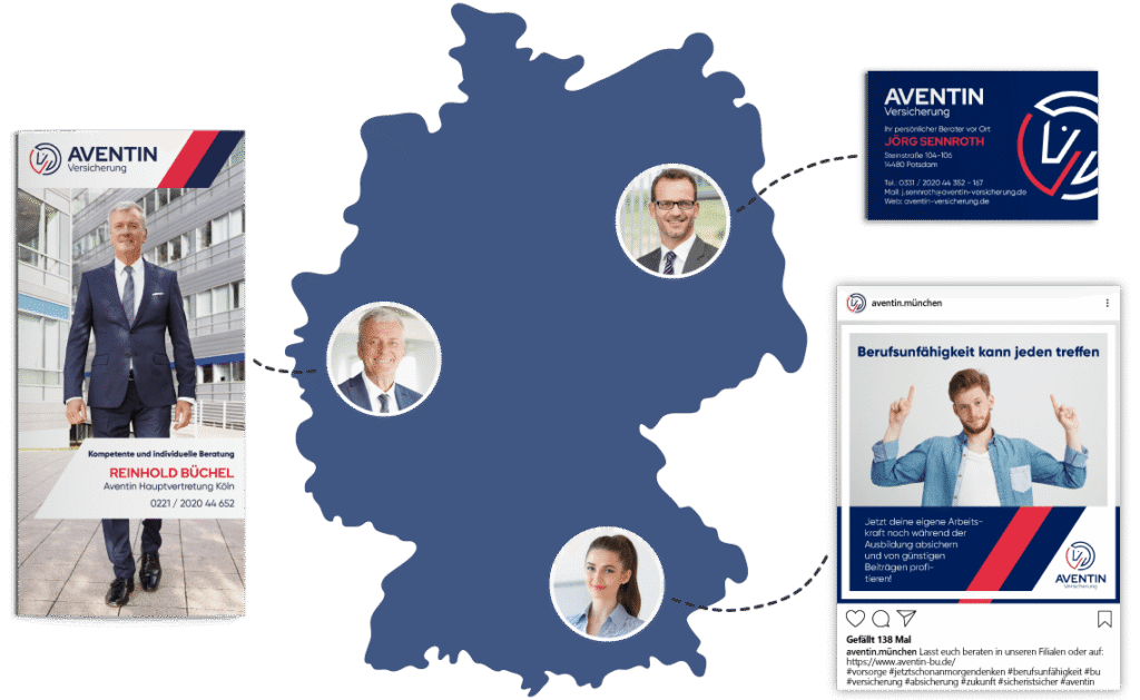 Deutschlandkarte mit Mitarbeitenden an drei Standorten, die jeweils eigene Werbemittel im gemeinsamen Design erstellen: Flyer, Visitenkarte und Instagram-Post