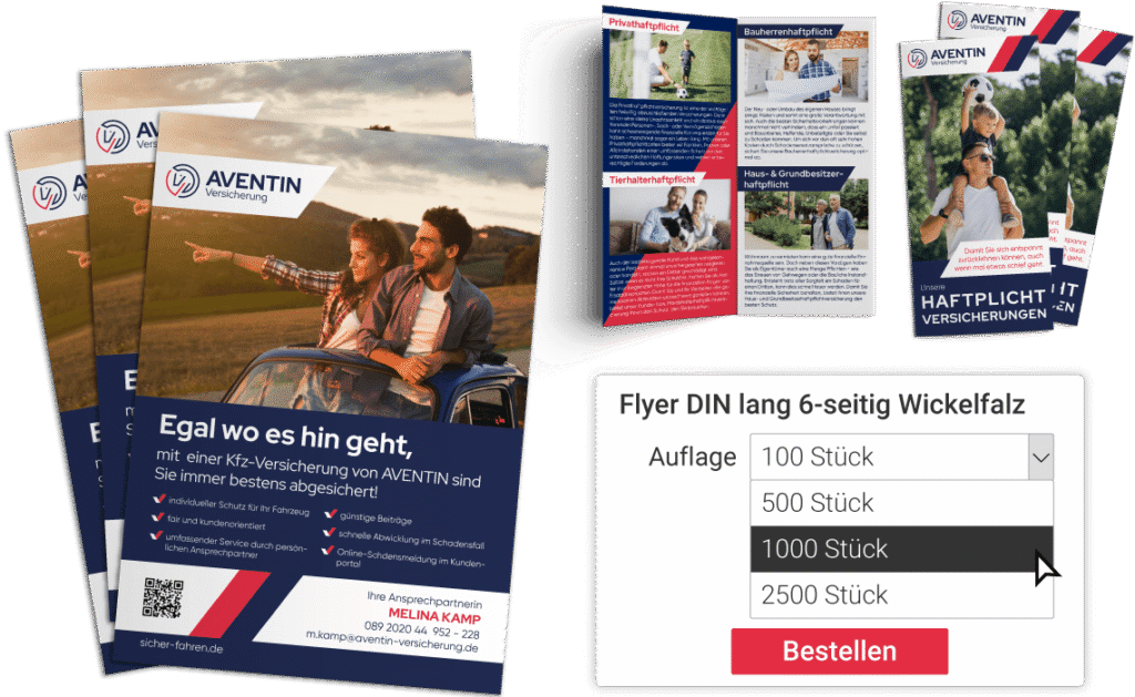 Plakate und Flyer neben der Bestellmaske im Editor, in der die Auflage eines Flyers ausgewählt und bestellt wird