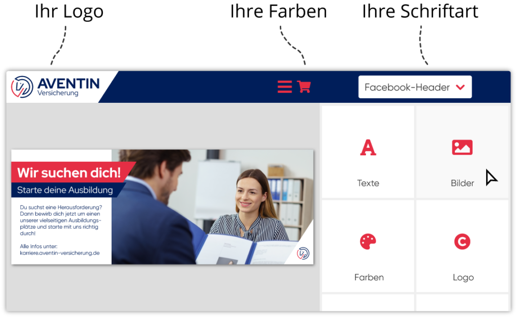 Visualbox-Editor als White-Label-Anwendung mit dem Logo, den Farben und der Schriftart des Kunden