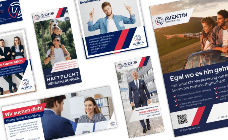 Beispiele mit der Visualbox gestalteter Werbemittel einer fiktiven Versicherung: Plakate, Flyer, Visitenkarte und Social-Media-Grafiken im einheitlichen Design