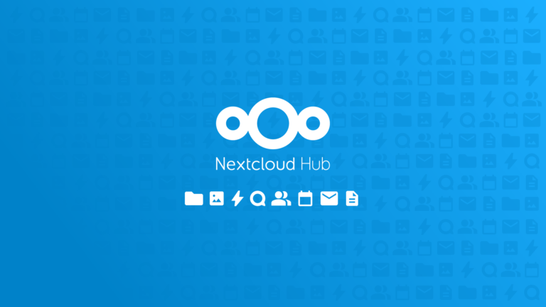 Logo von Nextcloud Hub mit Symbolen für Dateien, Fotos, Aktivitäten, Suche, Kontakte, Kalender, Mail und Dokumente auf blauem Grund