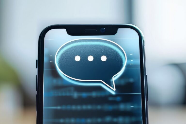Smartphone auf einem Tisch, auf dem Bildschirm eine Sprechblase mit drei Punkten