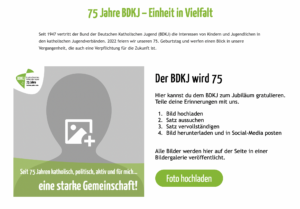 Startseite des BDKJ-SharePic-Generators mit Anleitung in vier Schritten und Button „Foto hochladen"