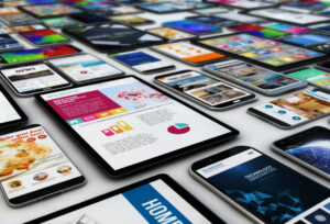 Viele Smartphones und Tablets liegen schräg nebeneinander, auf ihren Bildschirmen verschiedene Websites und Apps