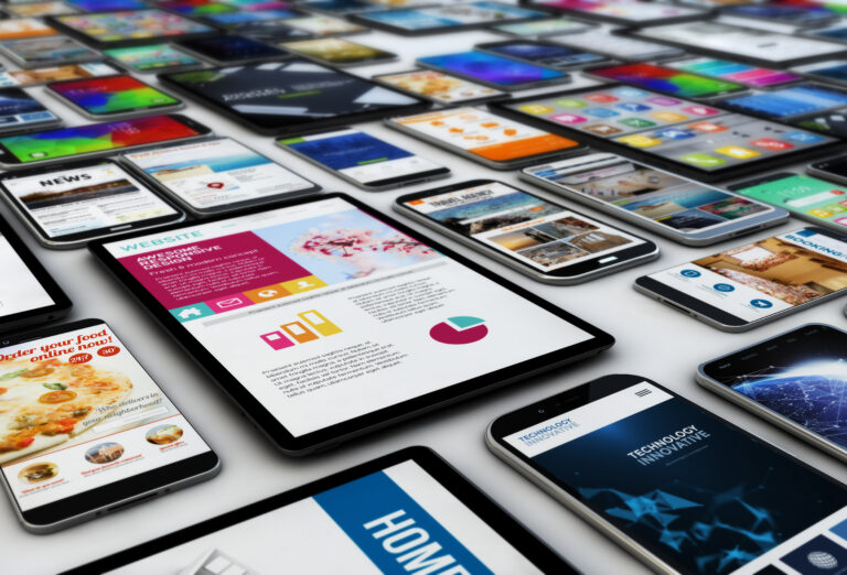 Viele Smartphones und Tablets liegen schräg nebeneinander, auf ihren Bildschirmen verschiedene Websites und Apps